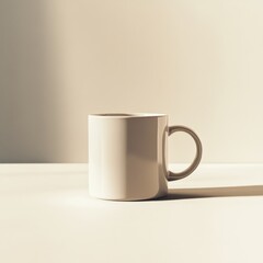 Aufkleber - Minimalist ceramic mug sitting on a plain surface, bathed in soft, diffused light creating subtle shadows, perfect for a warm beverage.