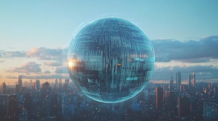 Poster - Digital globe with data and information on a background of a cityscape, a technology concept. Digital sphere with code lines and symbols over a blue sky with an abstract digital world in the air. 