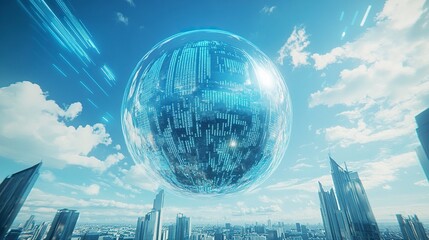 Poster - Digital globe with data and information on a background of a cityscape, a technology concept. Digital sphere with code lines and symbols over a blue sky with an abstract digital world in the air. 
