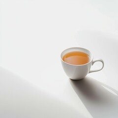Aufkleber - A white ceramic mug of amber-colored tea sits elegantly on a pristine white surface, casting a gentle shadow. Refreshing drink and simplicity.
