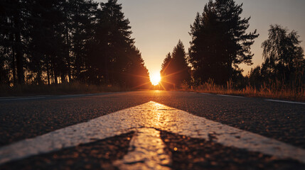 Poster - Asphalt road vanishing point at sunset, flanked by dark trees, showcasing a journey concept, hope, and new beginnings