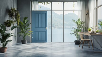 Poster - Airy office by a lake, featuring blue doors, indoor plants, gray flooring, neutral-toned walls, and light curtains swaying in natural breeze