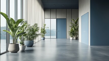 Poster - Airy office by a lake, featuring blue doors, indoor plants, gray flooring, neutral-toned walls, and light curtains swaying in natural breeze