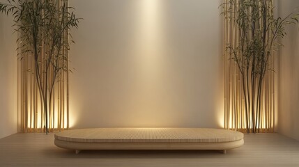 Fototapete - Flat-topped bamboo podium standing alone in a minimalist room with soft beige walls, gentle lighting, and empty space