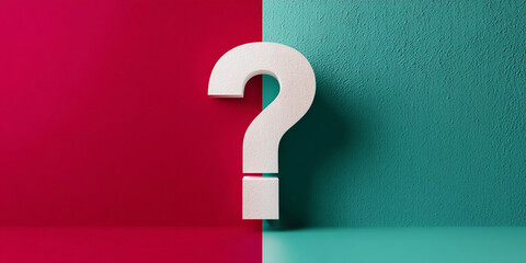 Poster - White question mark on red and teal background, symbolizing inquiry, uncertainty, or decision-making, ideal for concept or marketing visuals