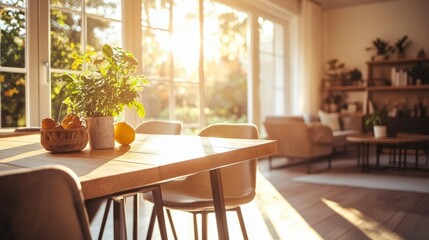 Poster - Minimalist oak dining table featuring a clean metal frame, surrounded by neutral chairs in a sunlit dining area