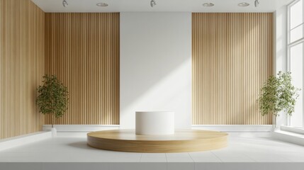 Fototapete - Modern setting with flat bamboo podium in a minimalist room of whites, beiges, and grays with no decor