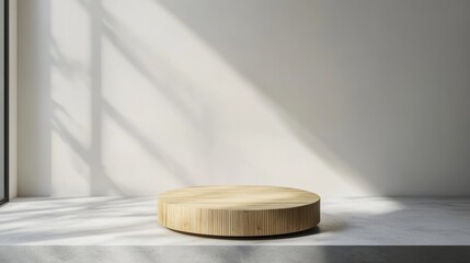 Fototapete - Modern setting with flat bamboo podium in a minimalist room of whites, beiges, and grays with no decor