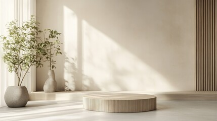 Fototapete - Simple bamboo podium with an unadorned surface in a serene interior space featuring neutral tones and clean aesthetics