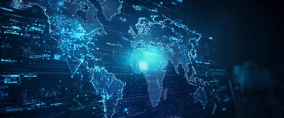 Poster - F_COUscenes-03648 Fingerprint biometric security on virtual screen hologram with blue digital data and world map, technology concept for identity and cyber security system background, high resolution,