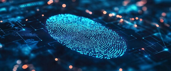 Poster - F_COUscenes-03648 Fingerprint biometric security on virtual screen hologram with blue digital data and world map, technology concept for identity and cyber security system background, high resolution,