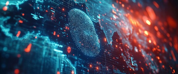 Poster - F_COUscenes-03648 Fingerprint biometric security on virtual screen hologram with blue digital data and world map, technology concept for identity and cyber security system background, high resolution,