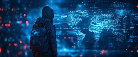 Poster - F_COUscenes-03648 Fingerprint biometric security on virtual screen hologram with blue digital data and world map, technology concept for identity and cyber security system background, high resolution,