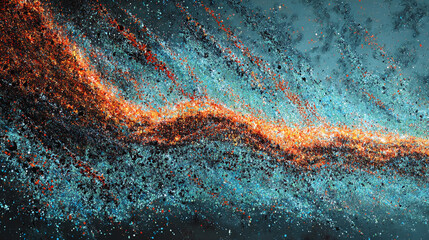 Poster - Abstract texture of teal, orange, and black particles resembling a cosmic nebula, creating a dynamic and energetic visual effect, ideal for design backgrounds