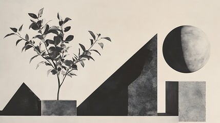 Poster - Monochromatic Still Life: Geometric Forms and a Verdant Plant