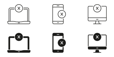 Poster - Laptop, Smartphone, And Desktop With Error Symbol Line And Solid Icon Set. Device Error, System Failure, And Connectivity Issue Symbol Collection. Isolated Vector Illustration