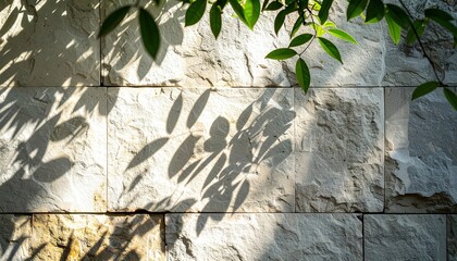 Poster - Shadows of green leaves on textured stone wall outdoor garden nature photography sunlit environment close-up view serenity and harmony