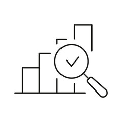 Poster - Bar Chart With Magnifying Glass And Checkmark Line Icon. Data Analysis, Verification, And Business Insights Outline Symbol. Performance Evaluation. Editable Stroke. Isolated Vector Illustration