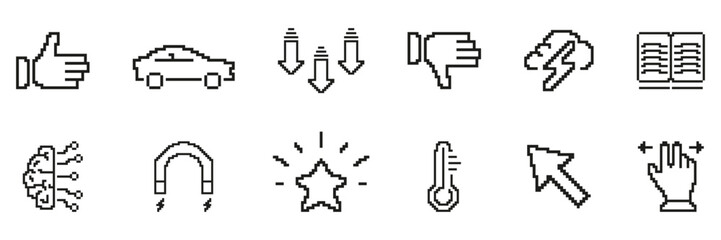 Fototapete - Pixel Art Icon Set. Diverse Retro Symbol Collection For Feedback, Transportation, Energy, Education, And Interaction. Isolated Vector Illustration