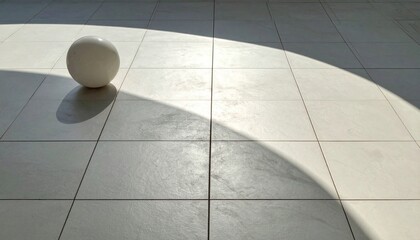 Poster - Dynamic motion of a white sphere on a tiled surface in a modern architectural space abstract photography minimalist design