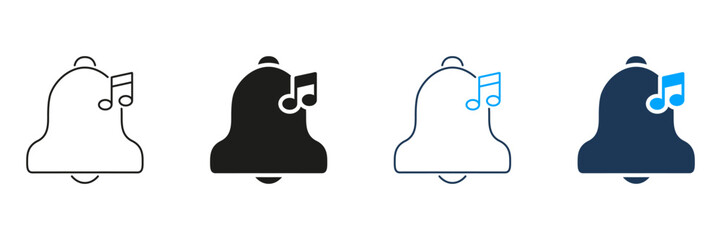 Poster - Bell With Music Note Line And Solid Icon Set. Notification Alert, Sound Reminder, And Audio Signal Silhouette Symbol Collection. Ringtone And Alarm Concept. Isolated Vector Illustration
