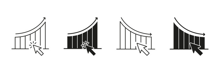 Poster - Graph With Arrow And Cursor Line And Solid Icon Set. Data Analysis, Growth, And Decline Tracking Symbol Collection. Business Performance And Click Interaction. Isolated Vector Illustration