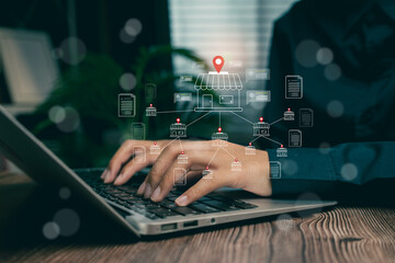 Poster - hands typing on laptop with shopping symbols and network graphics, business concept.