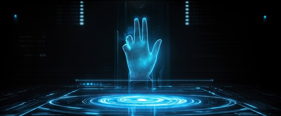Poster - One-third engines finger scan on virtual screen, biometric security concept with digital hologram and blue light effects. 