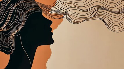 Poster - Captivating silhouette of a woman's profile with flowing hair against a warm, abstract background in a creative art setting Generative AI