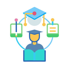 Poster - Abstract education icon featuring graduation and technology symbols
