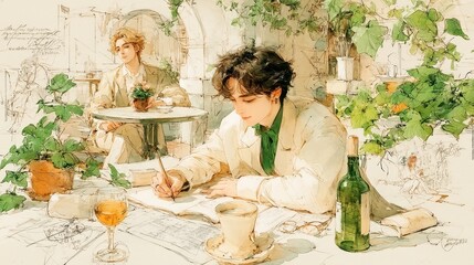 Poster - Anime-style illustration showcasing minimalist design, featuring a serene pose against a whitewashed background, elegant linework and soft watercolor textures enhance simplicity.