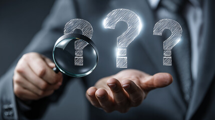 Poster - Hand holding magnifying glass examining question marks, symbolizing problem solving, research, and inquiry, perfect for business or FAQ concepts