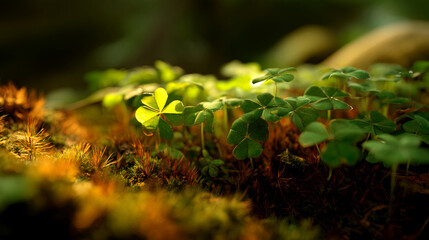 Poster - Close-up of lush green clover plants emerging from mossy ground, illuminated by sunlight, conveying freshness, nature, and new beginnings