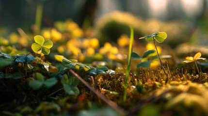 Poster - Close-up of clover leaves on mossy ground, illuminated by sunlight, creating a natural, vibrant scene, showcasing springtime freshness and nature's detail