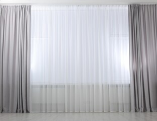 Poster - Light grey window curtains and white tulle indoors