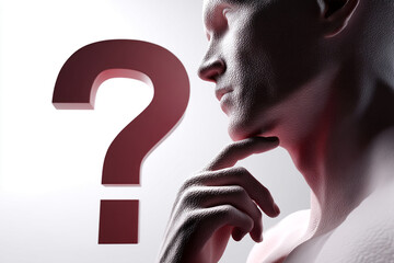Poster - 3D render of a human figure contemplating a large question mark, depicting thought, inquiry, and problem-solving
