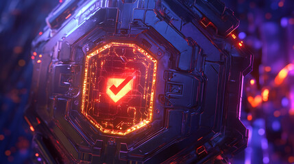 Poster - Glowing metallic surface with a central illuminated checkmark, suggesting technological approval, security, or verification