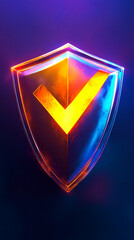 Poster - Glass shield with yellow checkmark, vibrant blue and orange hues, symbolizes security, protection, and approval, suitable for tech or cybersecurity concepts