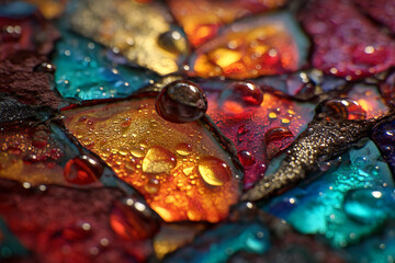 Fototapete - Close-up of water droplets on a colorful, textured surface, creating an abstract, vibrant image, showcasing rich hues and reflective light, ideal for artistic or design concepts