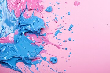 Poster - Splashes of pink and blue paint on a pink background, with ample copy space.
