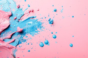 Poster - Splashes of pink and blue paint on a pink background, with ample copy space.