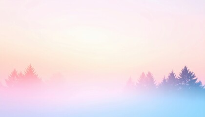Poster - Serene morning sunrise over misty forest landscape nature photography soft color palette tranquil ambience
