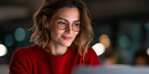 Poster - Close-up of a woman wearing glasses and a red sweater, focused on a laptop screen, conveying concentration and digital engagement