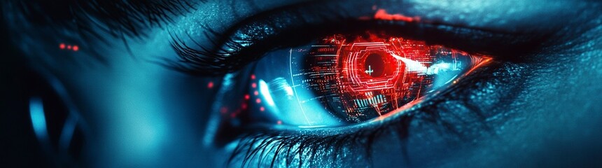 Poster - Two female eyes with digital data flowing through them, a futuristic design background, a cyberpunk style, high resolution, a glowing blue and red color scheme, a wide-angle lens, a detailed close-up 