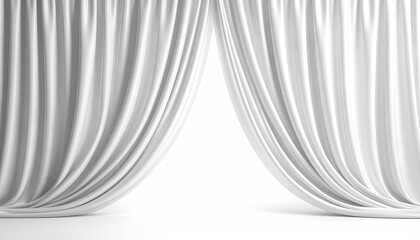 Poster - Dramatic unveiling of white curtains studio setting photography minimalist aesthetic front view artistic presentation