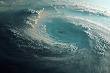 Poster - Aerial view of a swirling teal and grey cloud formation resembling a hurricane, showcasing nature's power and atmospheric phenomena, ideal for weather or environmental concepts