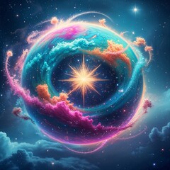 Wall Mural - vibrant, dreamy depiction of a colorful planet galaxy, with swirling clouds of turquoise, magenta, a