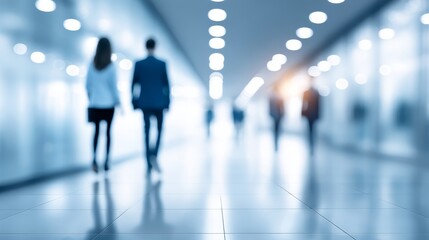 Poster - Business People Walking in Modern Office Corridor - Blurred of businesspeople walking down a modern office hallway, conveying movement and professionalism
