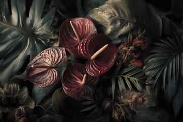 Poster - Dark red anthurium flowers nestled amongst various dark green tropical leaves, creating a moody, lush, and textured botanical scene, ideal for backgrounds or design