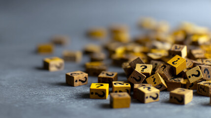 Poster - Close-up of scattered wooden cubes, each displaying a question mark, suggesting uncertainty or the quest for answers, suitable for concepts related to inquiry or problem-solving